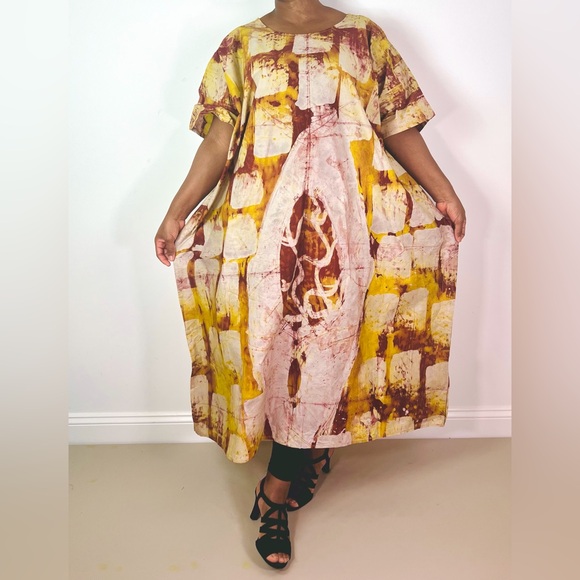 African Print Ankara Yellow Multicolor Cotton Tie Dye Midi Kaftan Dress - Picture 7 of 9